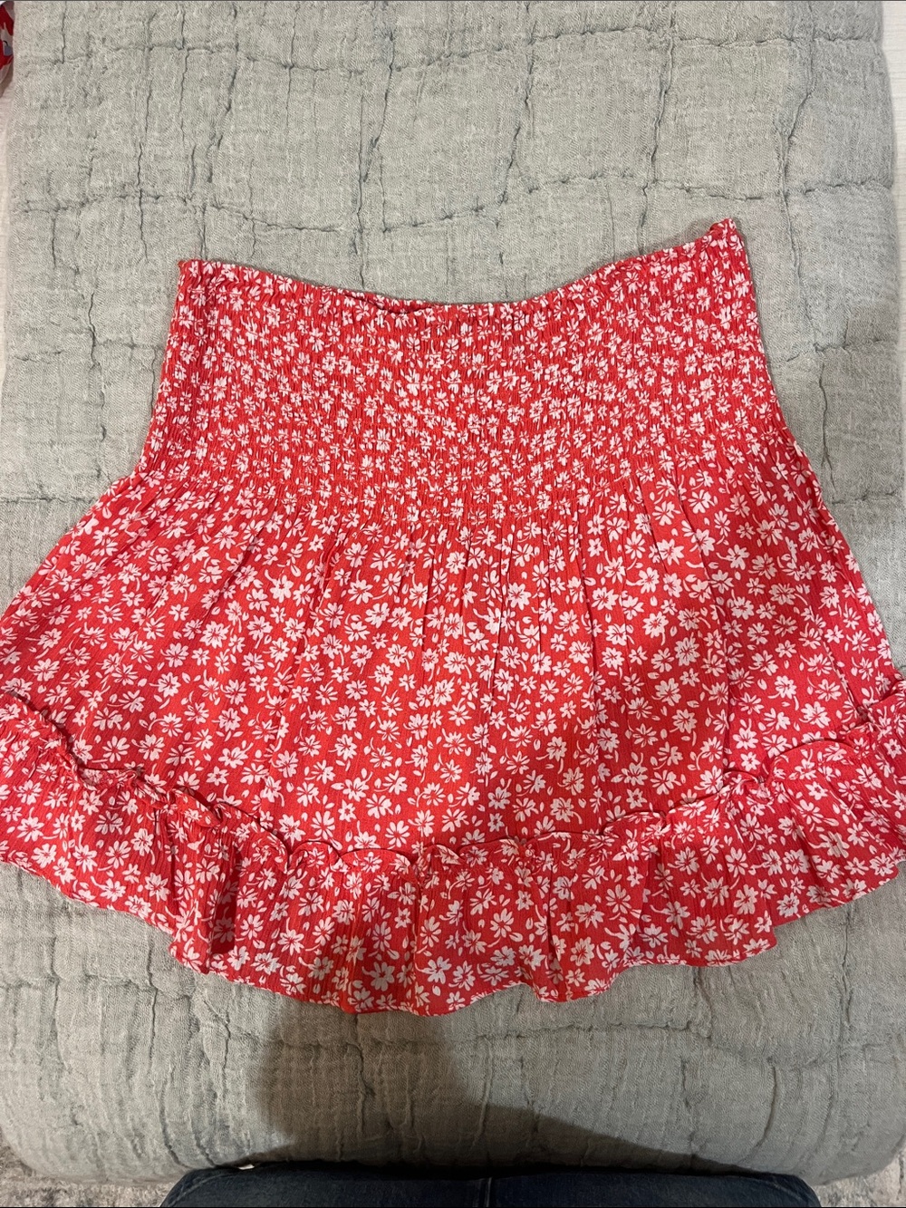 Aqua Red Floral Smocked Mini Skirt with Ruffle Hem